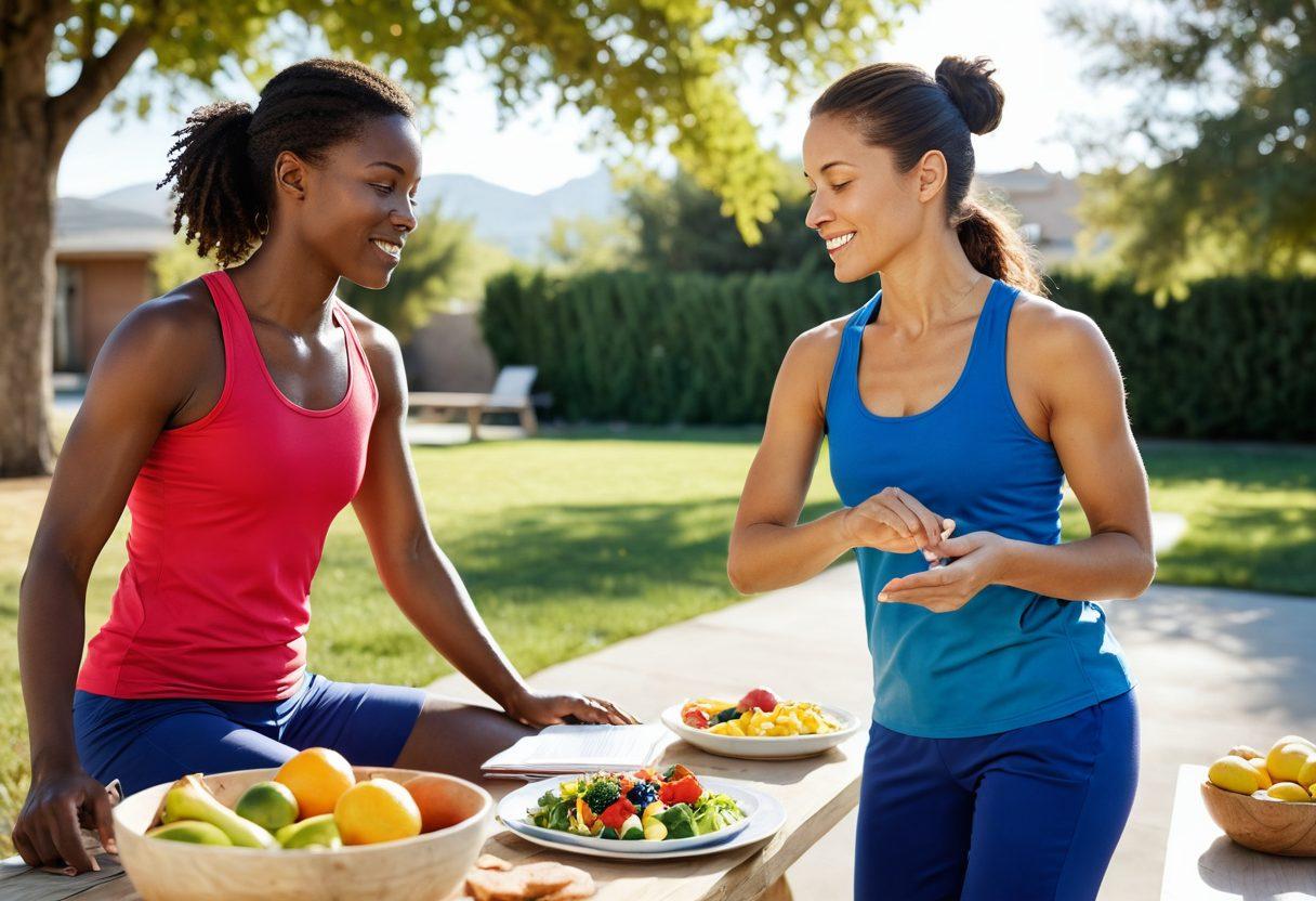 A split image showcasing two contrasting scenes: on one side, a person confidently exercising outdoors under the sun, surrounded by healthy foods, conveying awareness and proactive lifestyle changes; on the other side, a medical professional with a patient in a clinic, discussing screening options with informative charts and supportive tools in the background. The two halves should seamlessly connect, illustrating the transition from awareness to action. vibrant colors. super-realistic.