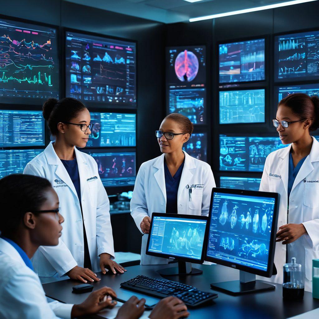 An inspiring scene depicting a diverse group of researchers and doctors collaborating in a modern laboratory filled with advanced equipment and glowing screens displaying detailed cancer research data. In the foreground, a patient receiving personalized support from a compassionate healthcare professional, symbolizing hope and community. The background showcases vibrant infographics about cancer advances and breakthroughs. super-realistic. vibrant colors. 3D.